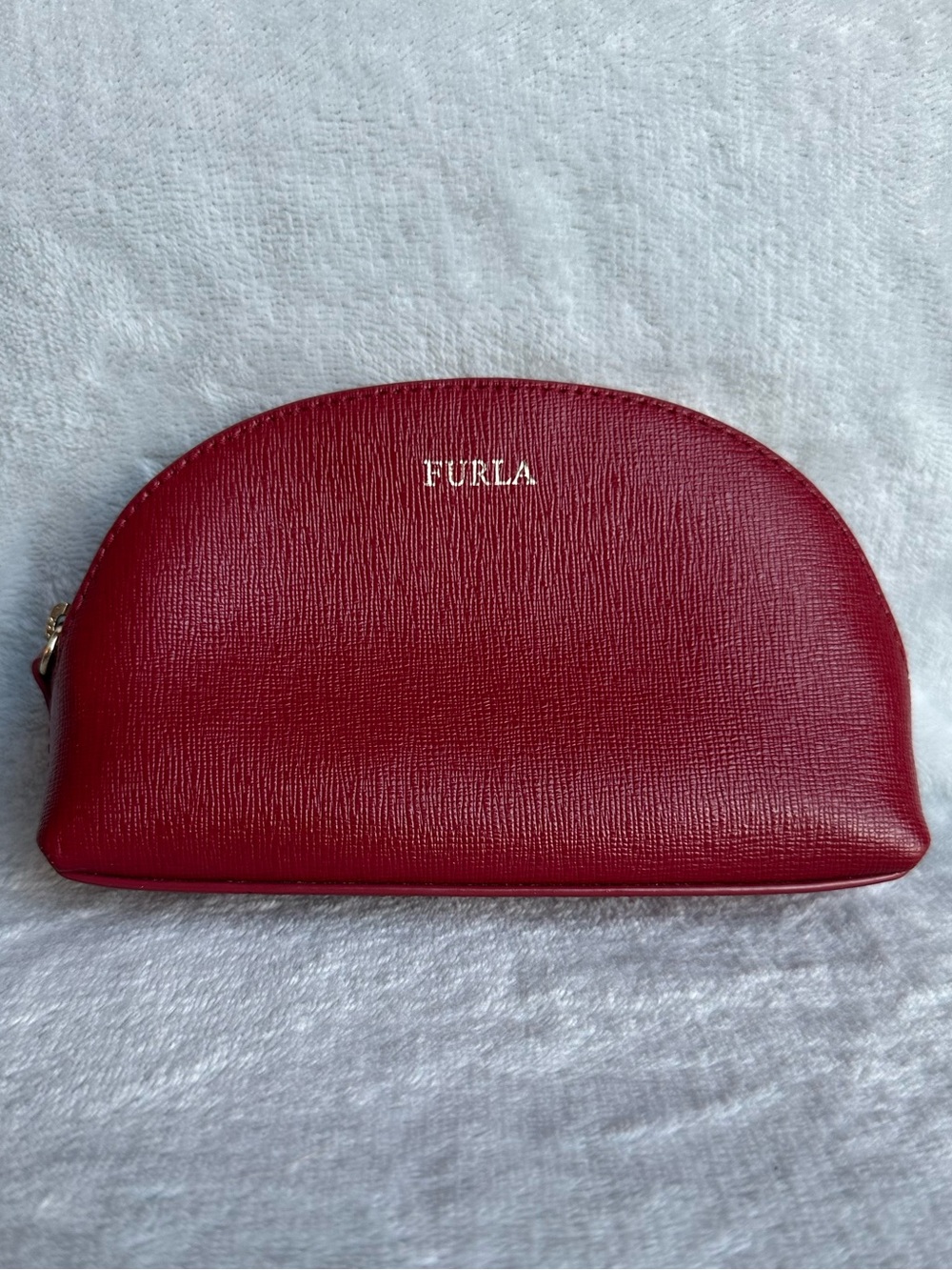 Furla Red Saffiano Leather Cosmetic Pouch Zip Case Gold Hardware